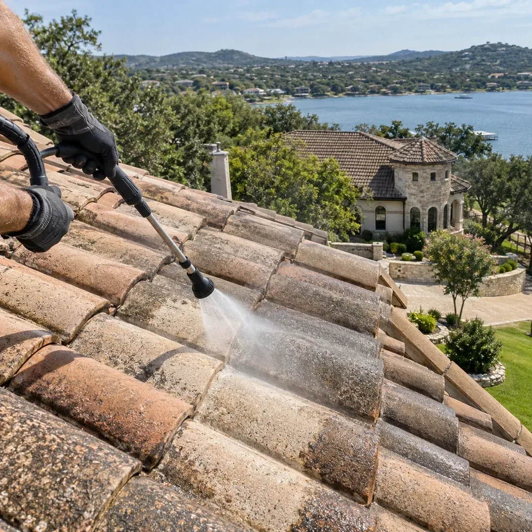 Careful washing on a tile roof