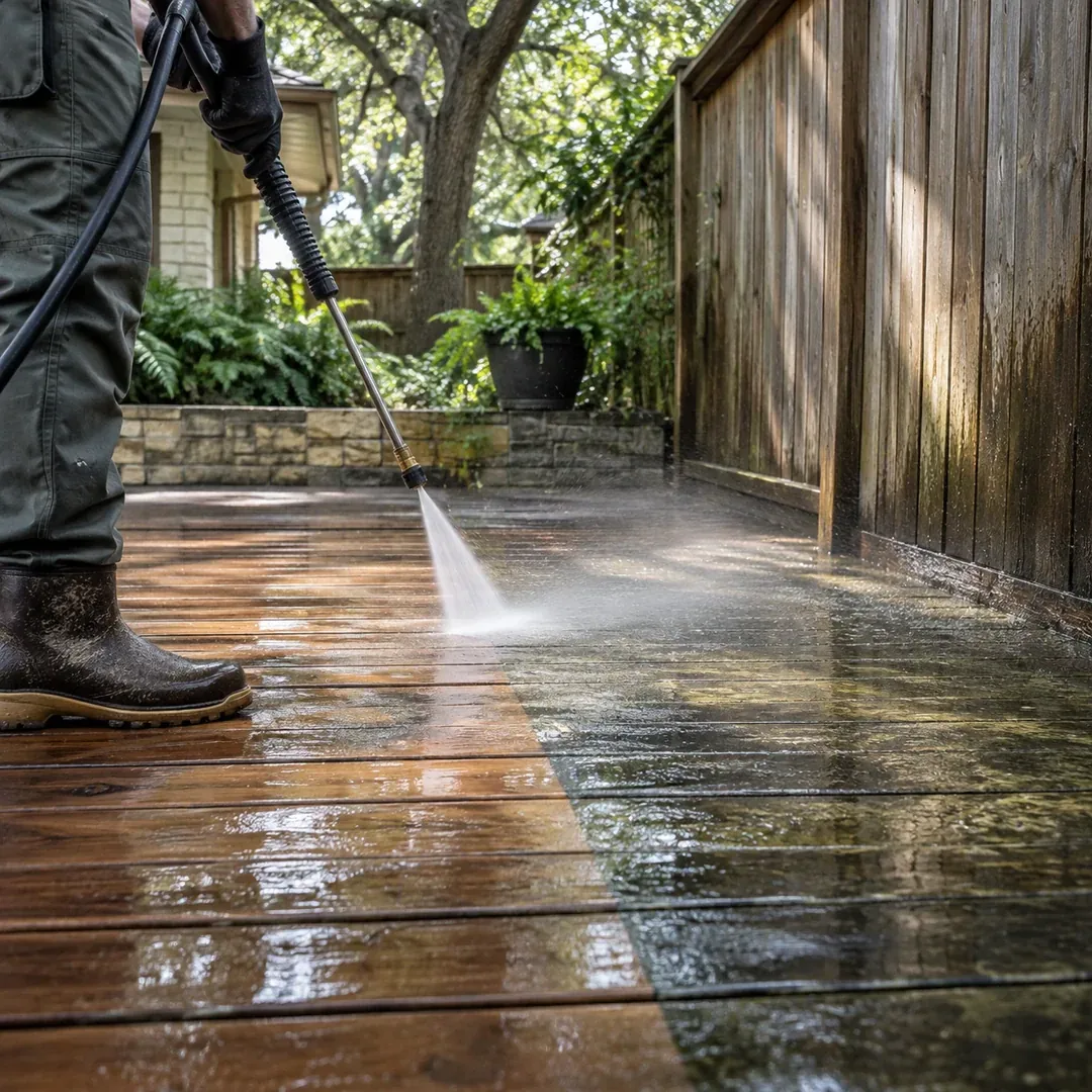 Professional cleaning of a wood deck and fence