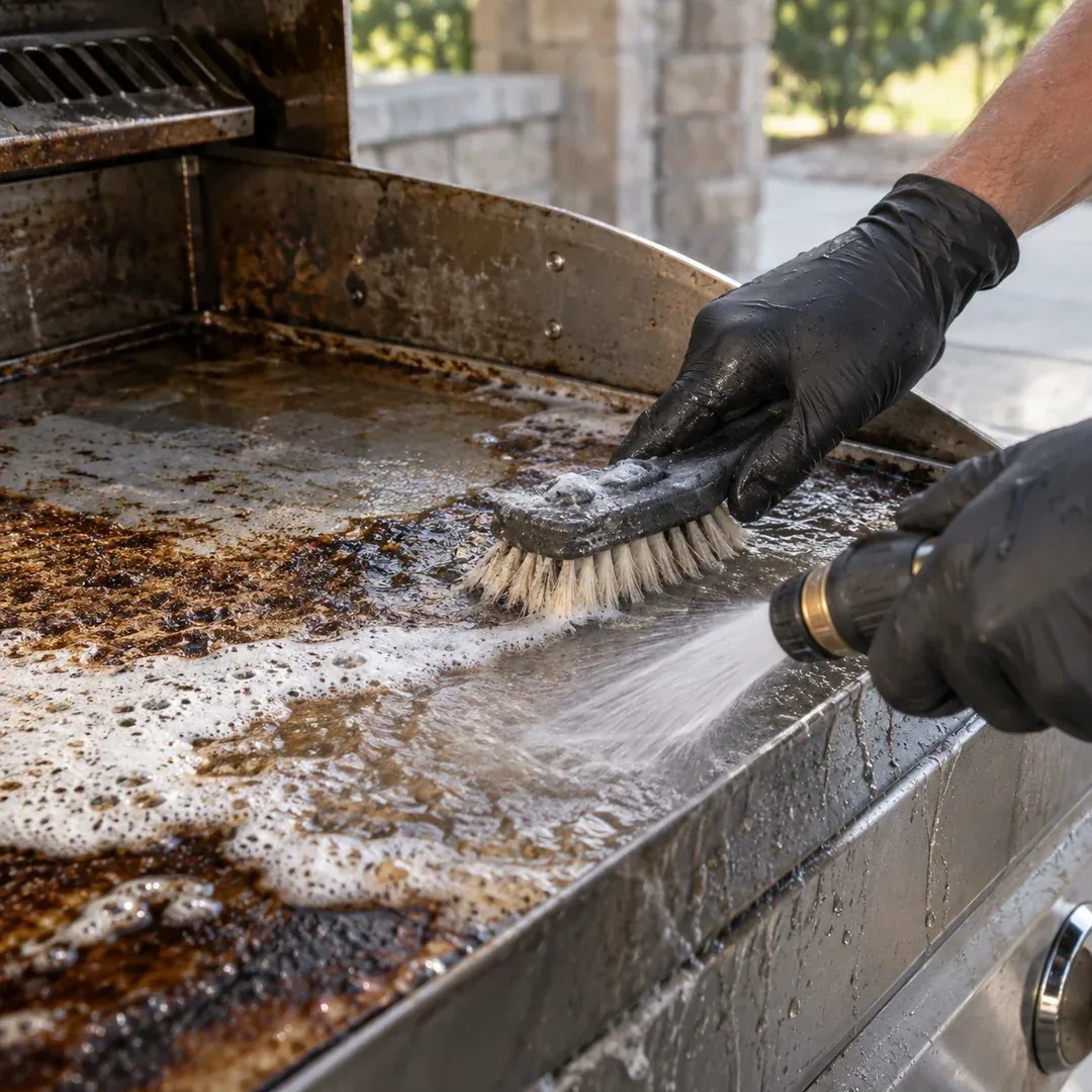 Commercial concrete degreasing in a service area