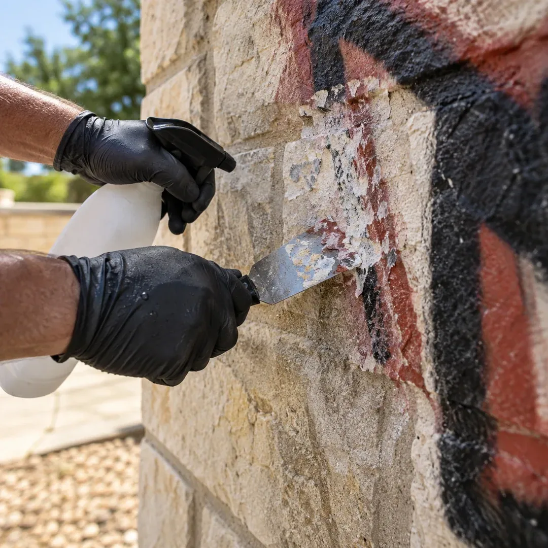 Professional graffiti removal from exterior masonry