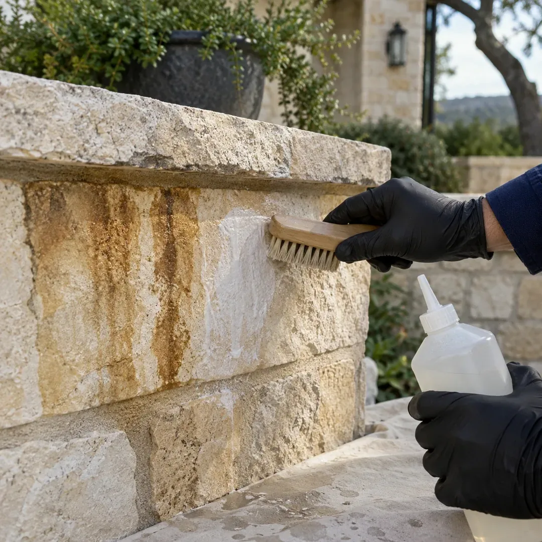 Mineral staining removed from a stone building by No Pressure SoftWash