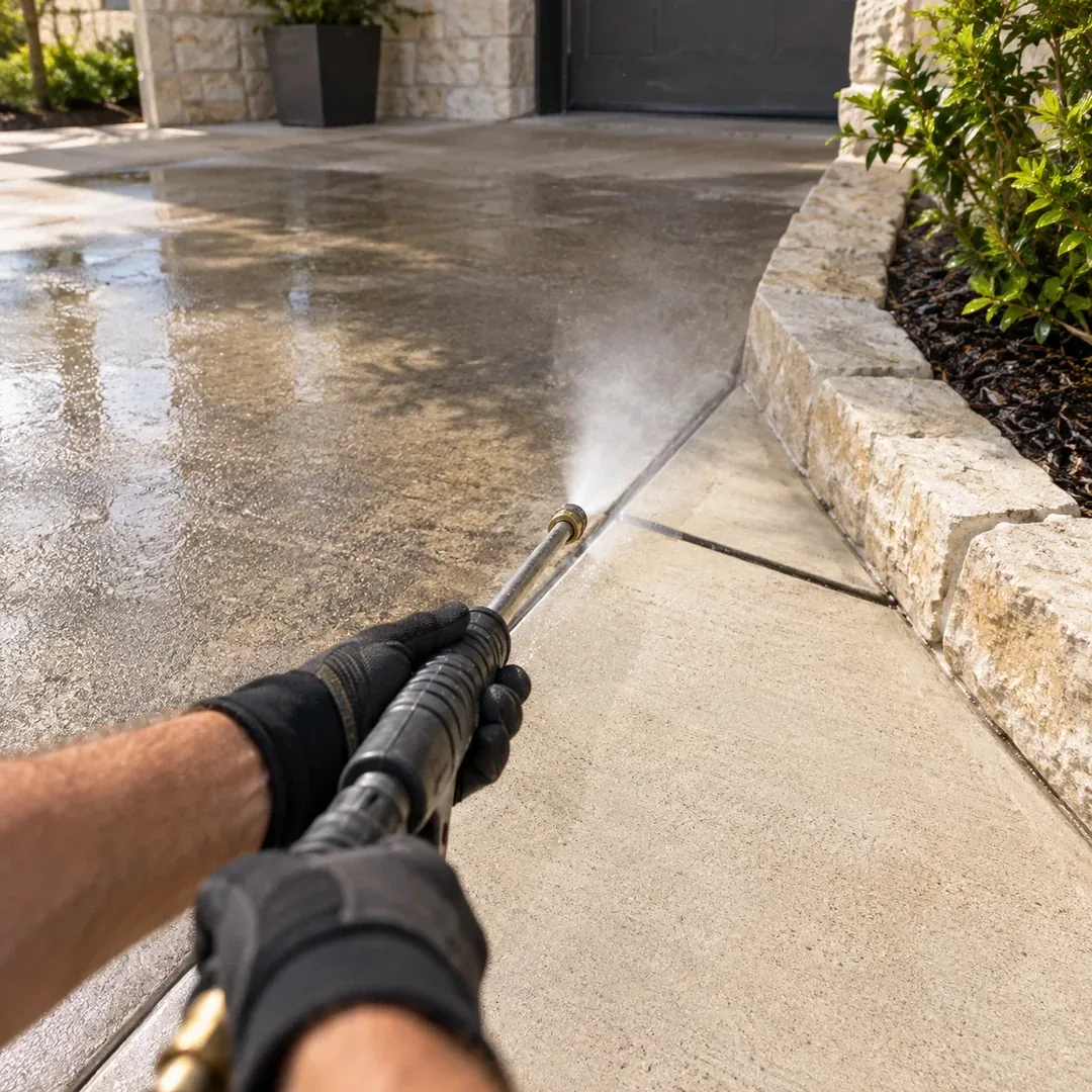 Clean driveway and stone home after pressure washing by No Pressure SoftWash