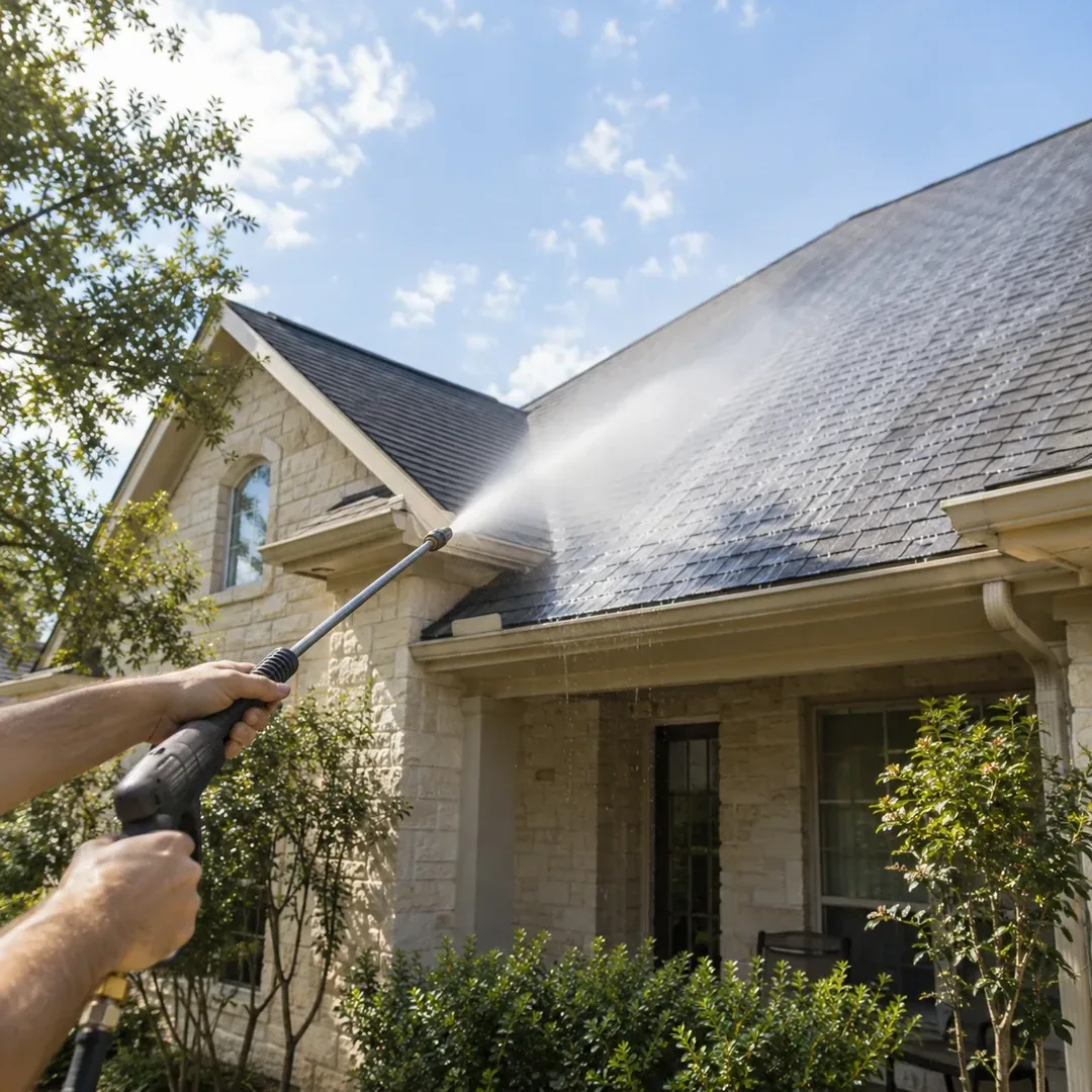 Professional gentle roof washing on an Austin area home