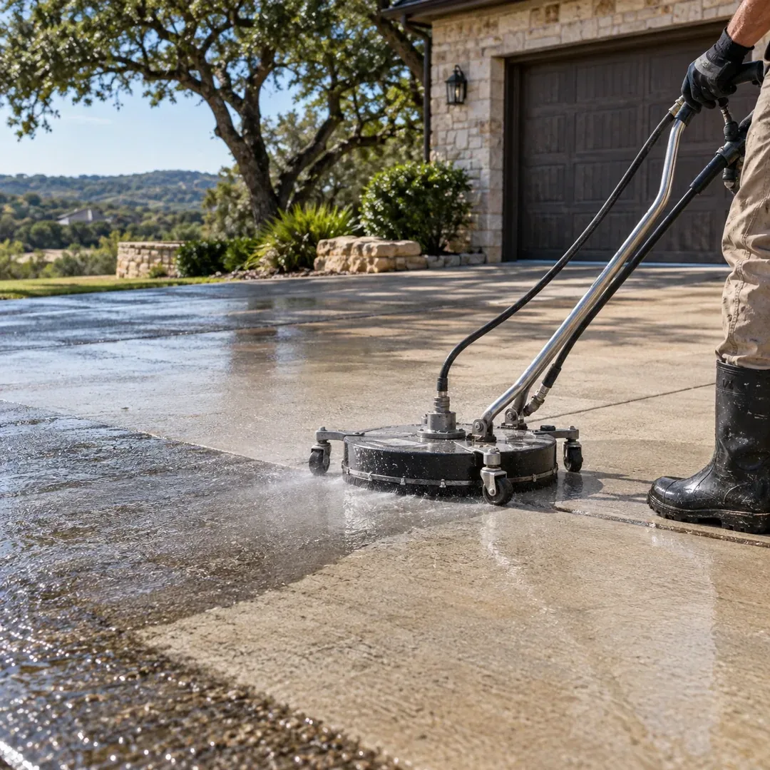 Driveway pressure washing project by No Pressure SoftWash