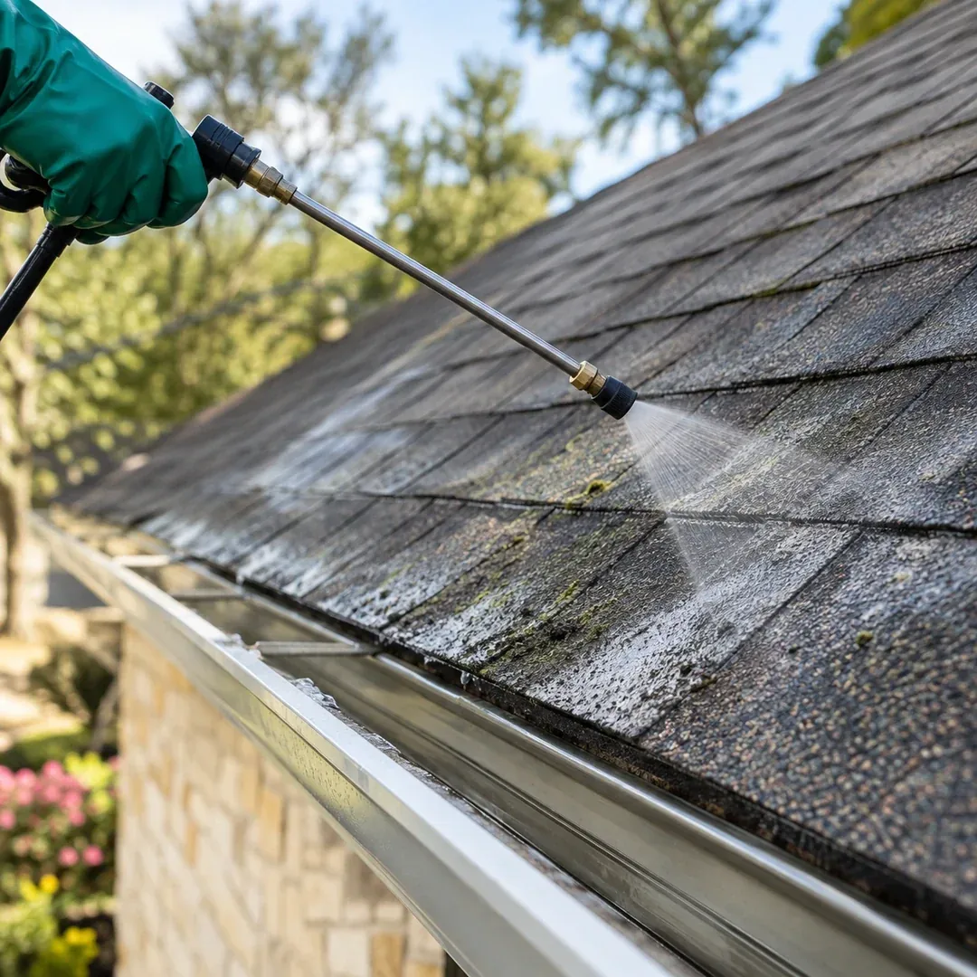 Low pressure asphalt shingle roof washing
