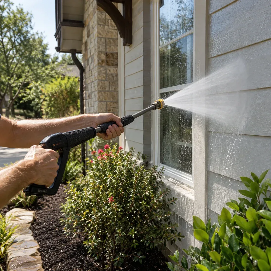 Commercial stone exterior soft washing project by No Pressure SoftWash