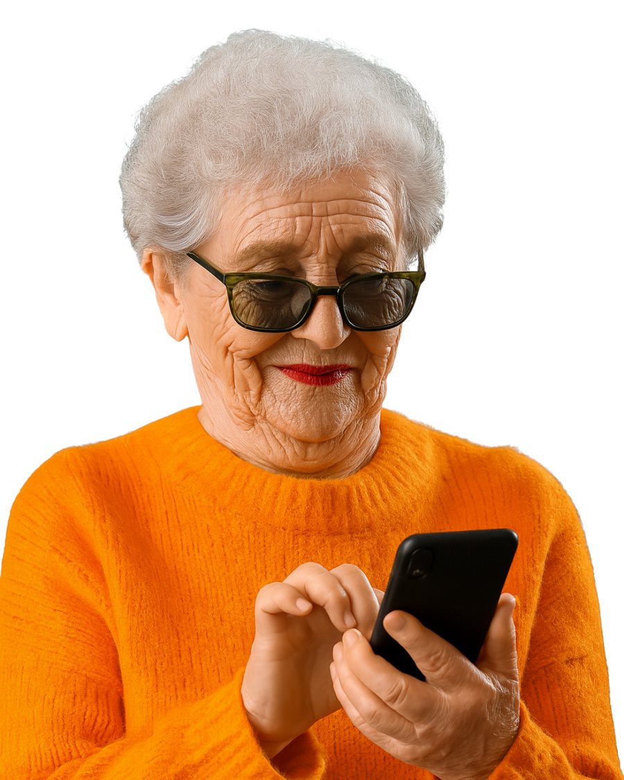 Cool Nana, the CareMatch mascot, smiling and holding a phone