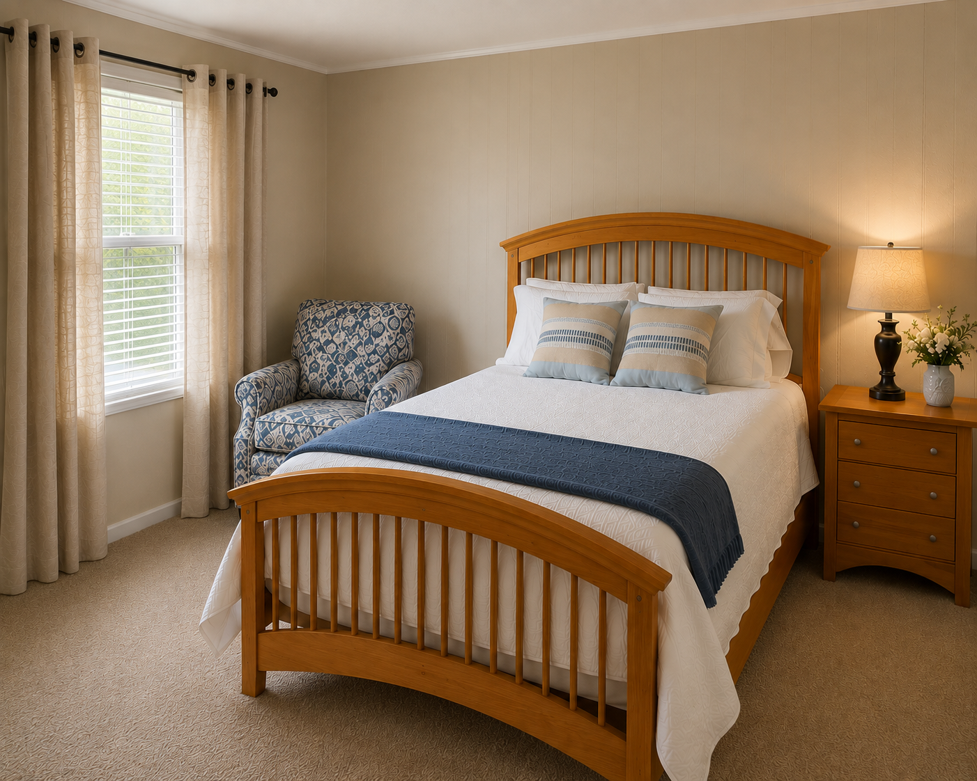 A warm, beautifully decorated shared home bedroom at The Promised Land Community