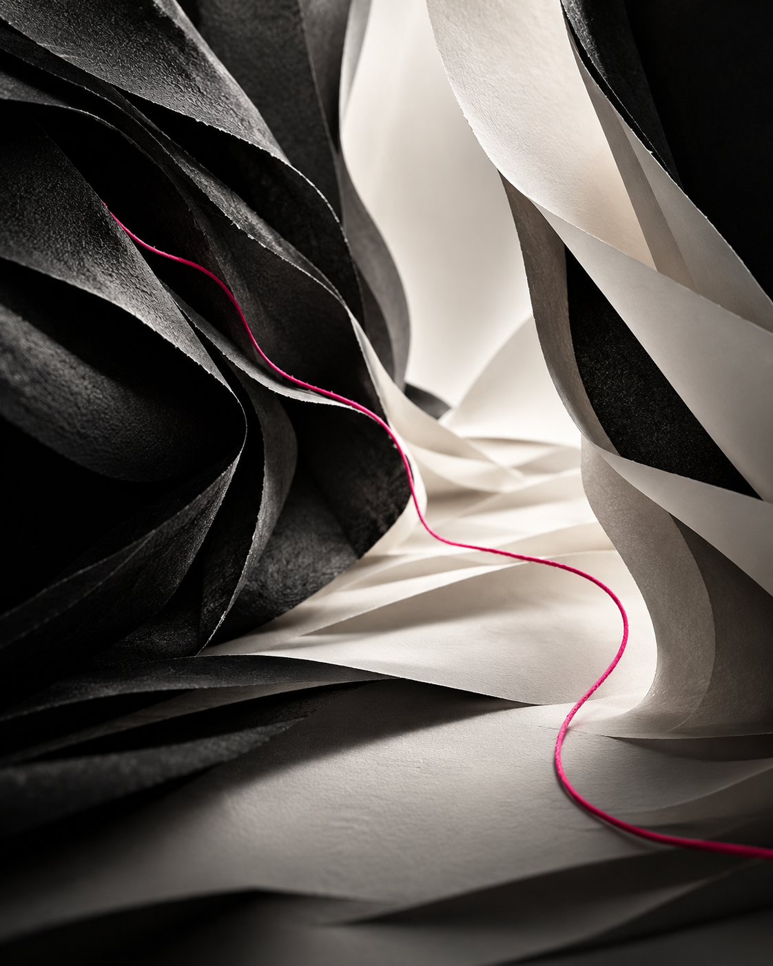 Black and white sculptural layers connected by a pink thread