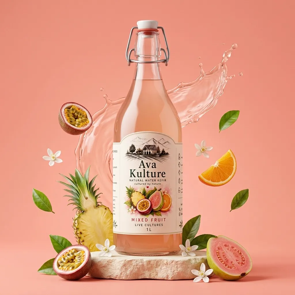 A swing-top bottle of mixed fruit water kefir
