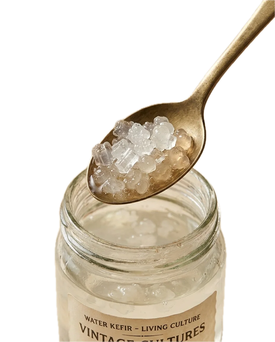 A spoonful of kefir grains on a kitchen counter