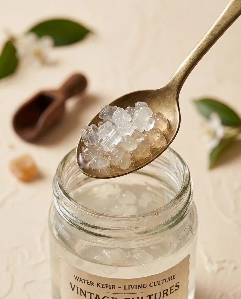 A spoon of translucent water kefir grains above a glass jar