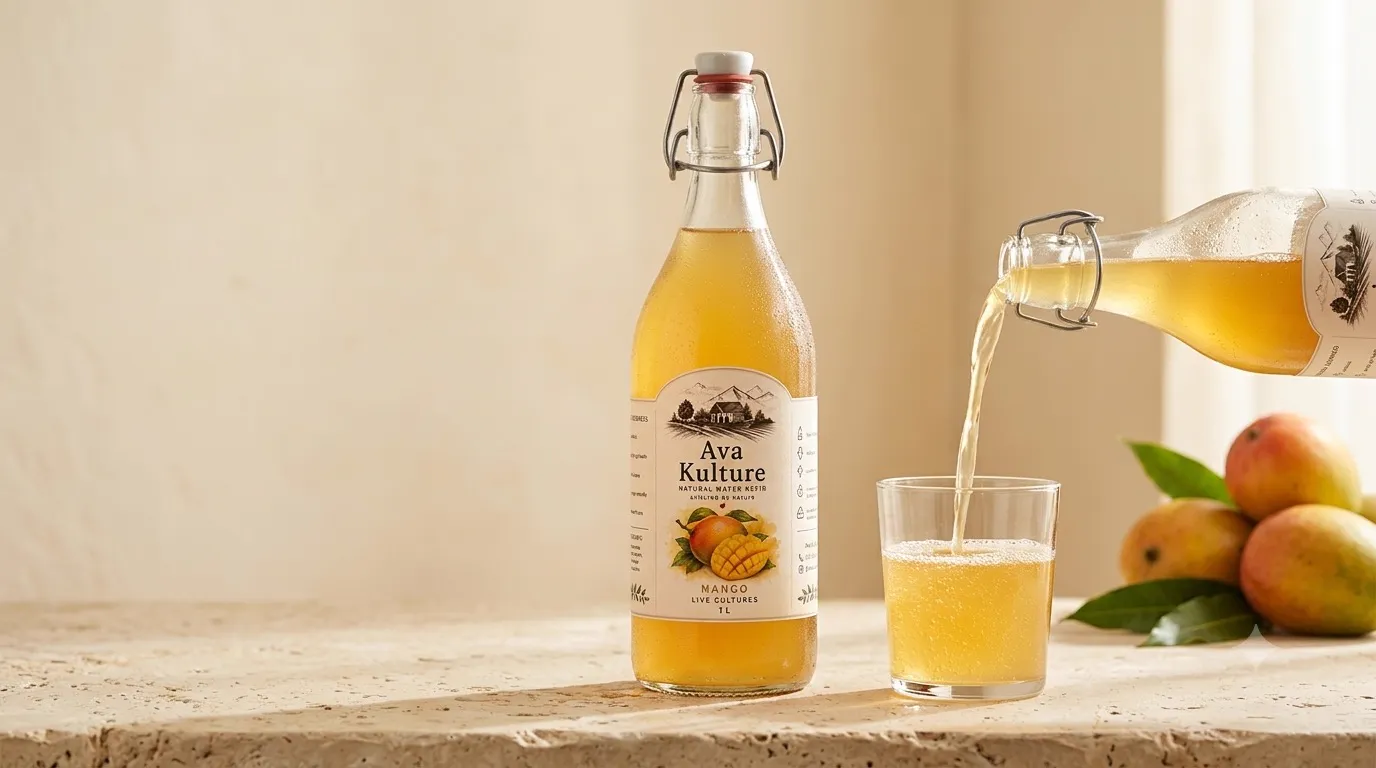 Mango water kefir being poured into a glass on a kitchen counter
