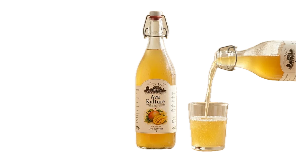 Two Ava Kulture bottles with a poured glass