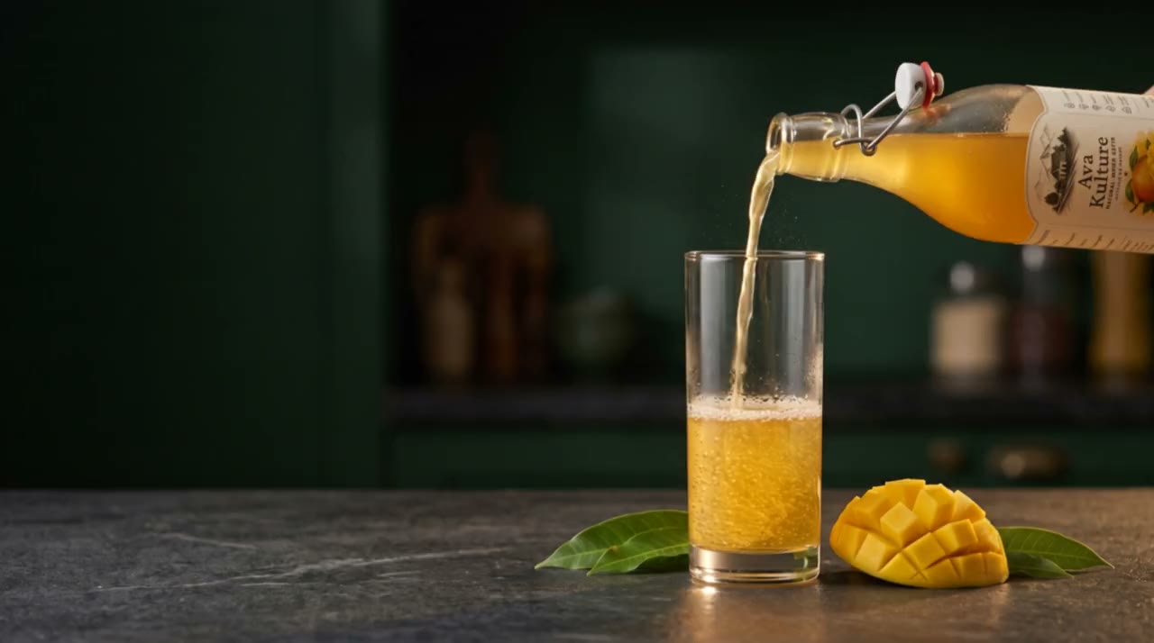Ava Kulture mango water kefir being poured into a tall glass, bubbles rising