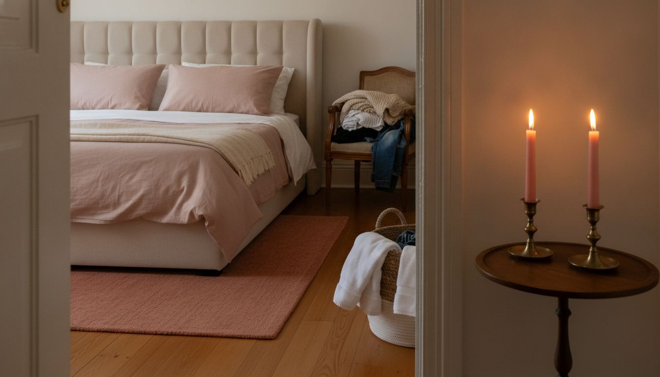 Two pink candles on a side table by a bedroom door, laundry behind