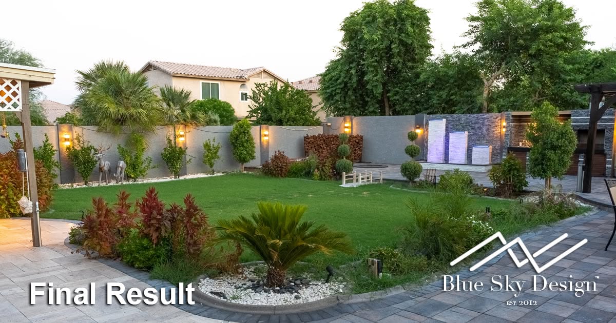Custom backyard patio and pool area with landscape design