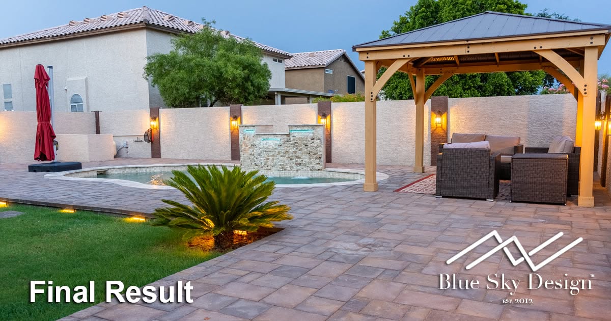 Custom home design floor plan and exterior elevation drawing for a desert property in Cave Creek, Arizona. The design shows a single-story layout with deep overhangs, an indoor-outdoor living area, and site placement adjusted for sloped desert terrain.