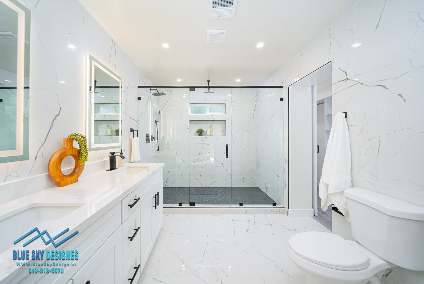 Remodeled bathroom in a Cave Creek, Arizona home featuring a walk-in tile shower, updated vanity, and desert-neutral finishes. The space shows clean lines and moisture-resistant surfaces suited to the Arizona climate.