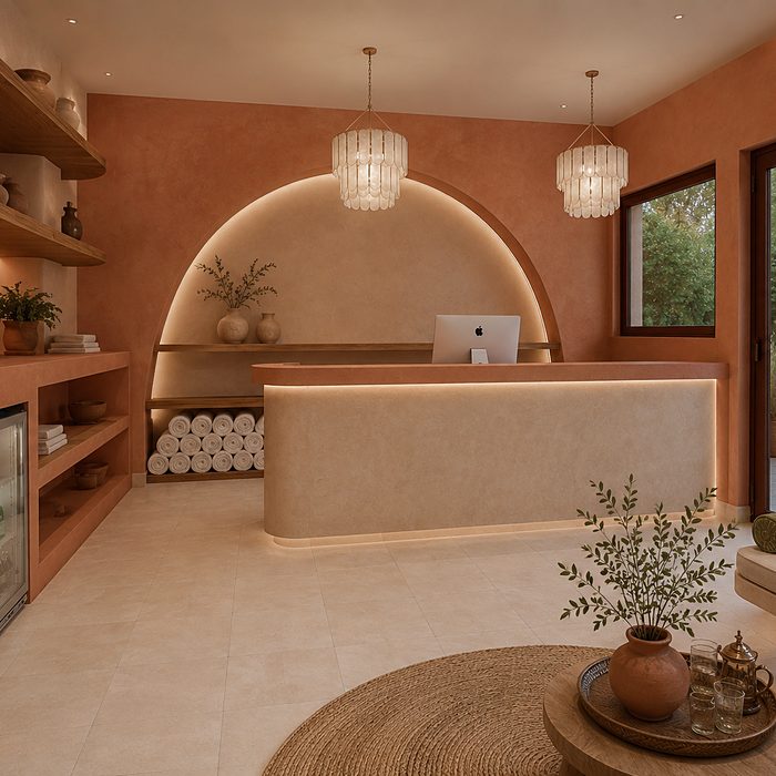 Design rendering of reception, with a curved plaster desk and green-tile arch