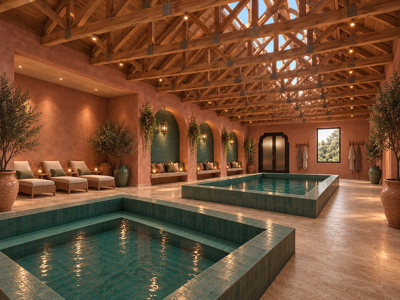 Design rendering of the bath hall, with a tiled pool and arched green-tile shower