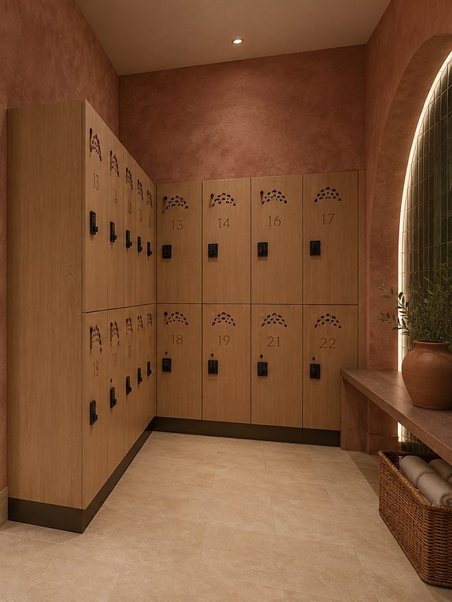Design rendering of the locker room with carved wood lockers
