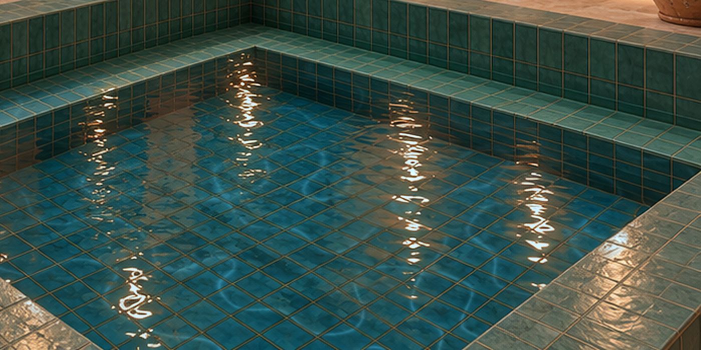 Clear blue water in the tiled cold plunge