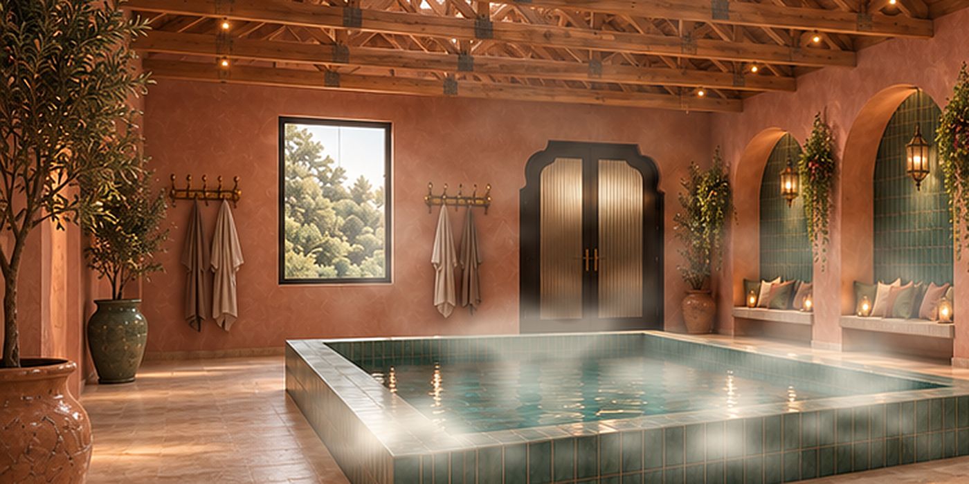 Steam rising from the tiled thermal pool