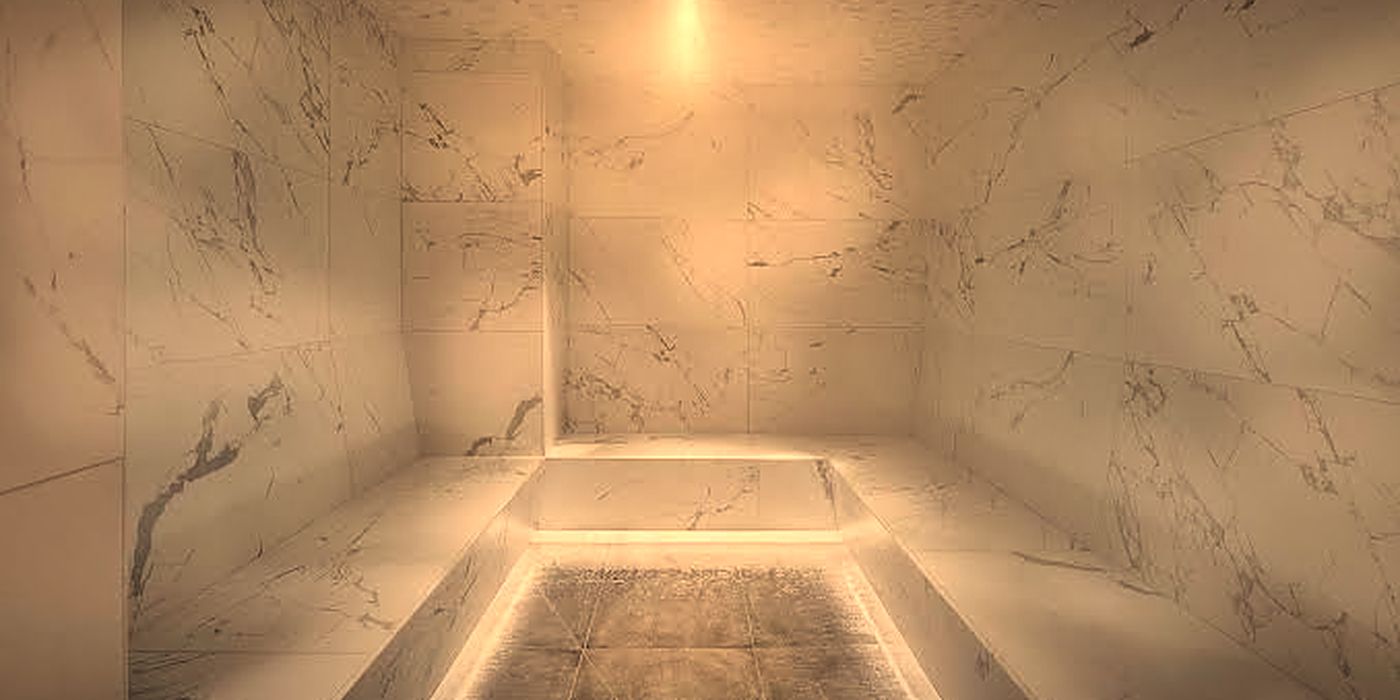 Warm-lit marble steam room