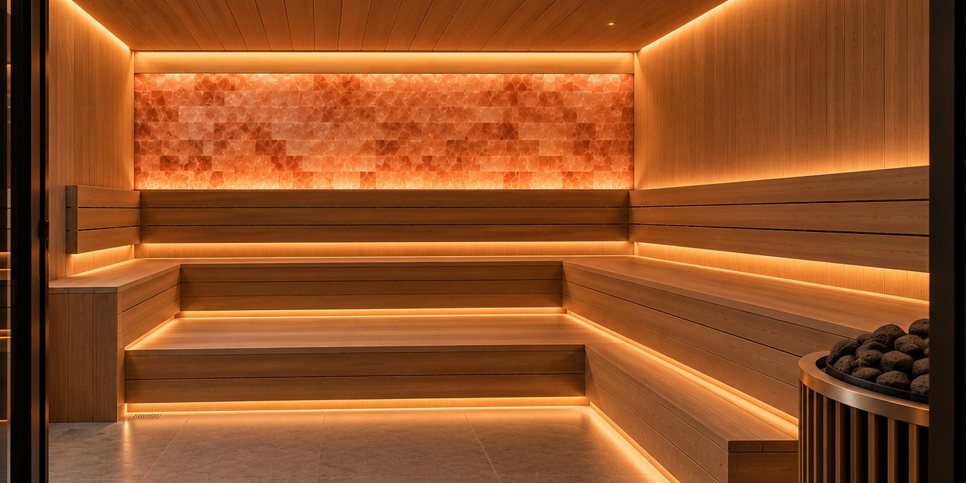 Wood sauna with a glowing salt wall and lit benches