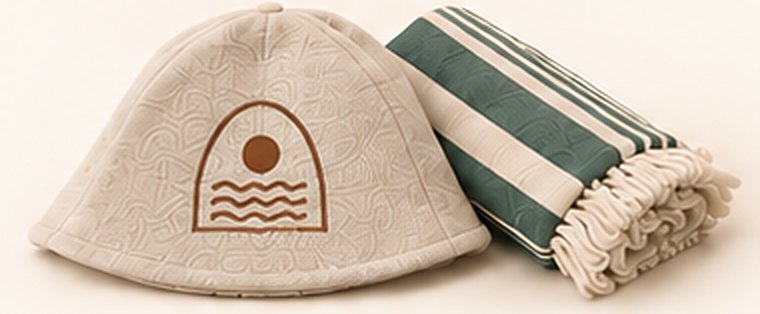 Samsara sauna hat with the arch and waves logo, next to a rolled green and cream striped towel