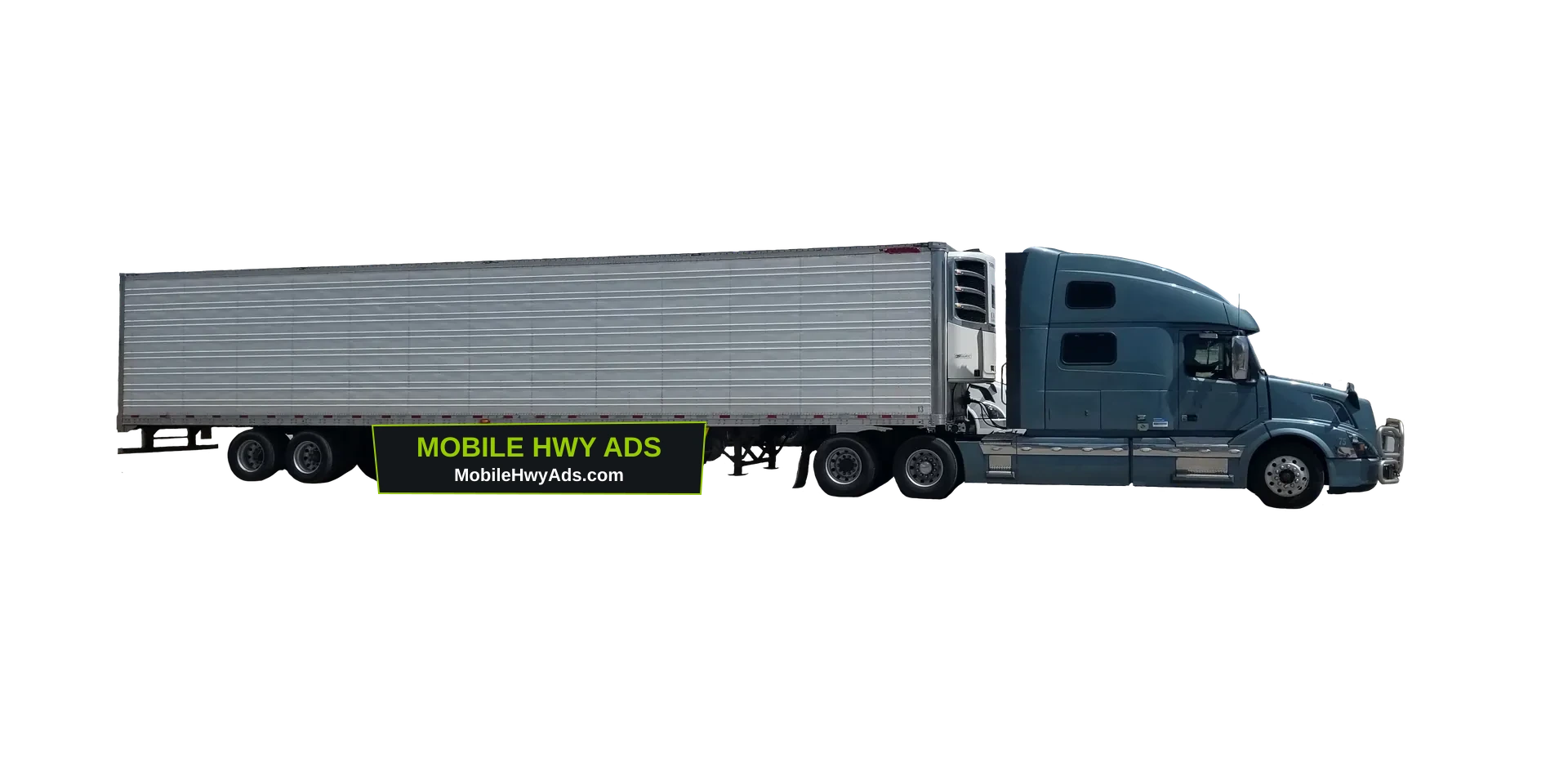 Brand advertisement on the lower side-skirt panel beneath a semi-trailer