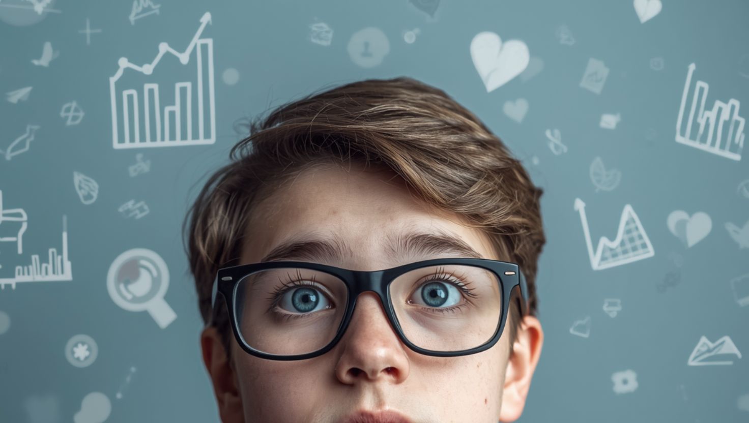 Illustration showing graphs, dashboards, social media statistics and AI-style data displays to represent how pupils encounter data in everyday life.