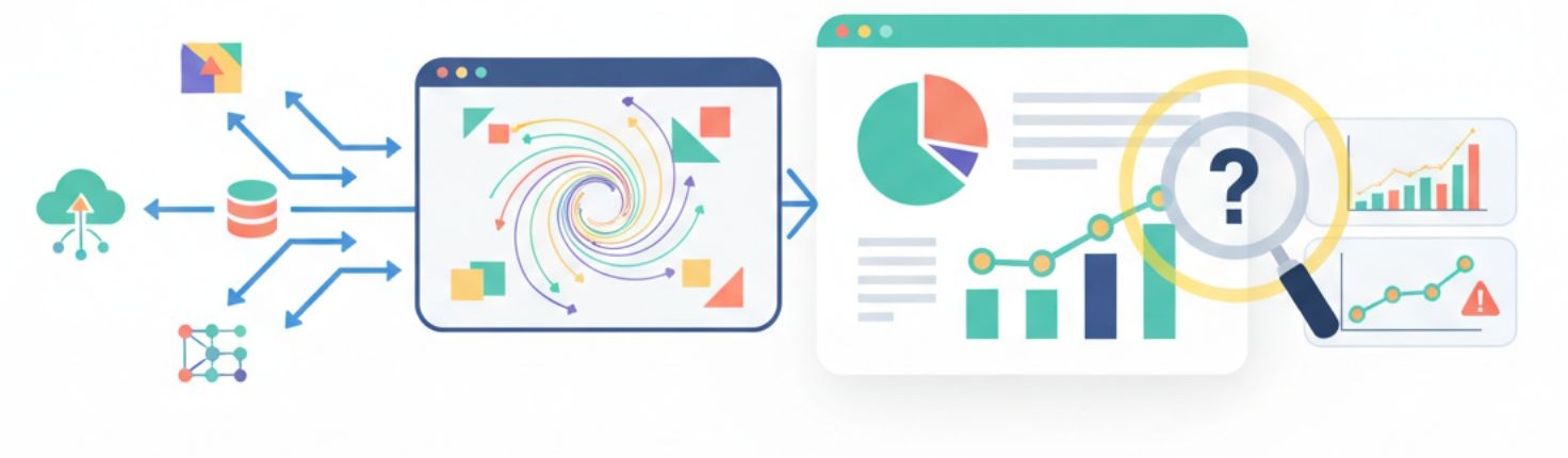 Data is processed by an AI tool into a chart or infographic, highlighting the need to question accuracy and bias.