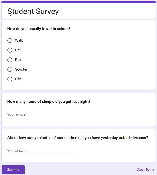 Example of a simple pupil survey used to introduce real-world data collection in a Key Stage 3 lesson.