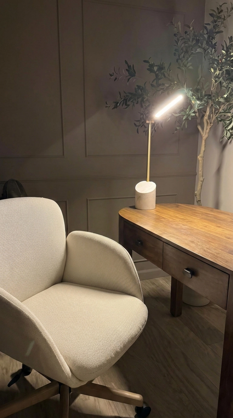 The STILL Agency office at night, lamp lit over the desk