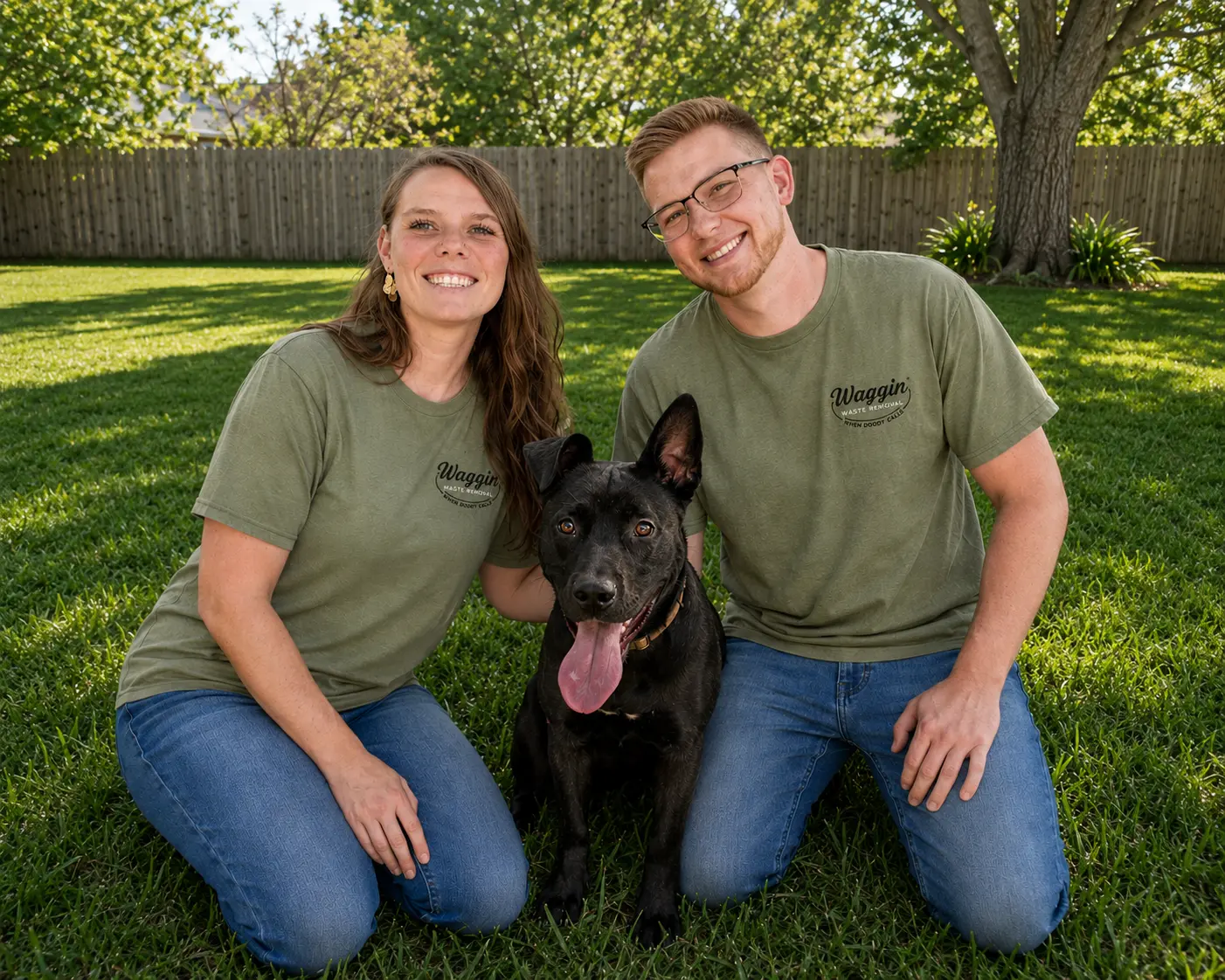 Greg and Brooklyn of Waggin Waste with their dog Lilo in their backyard