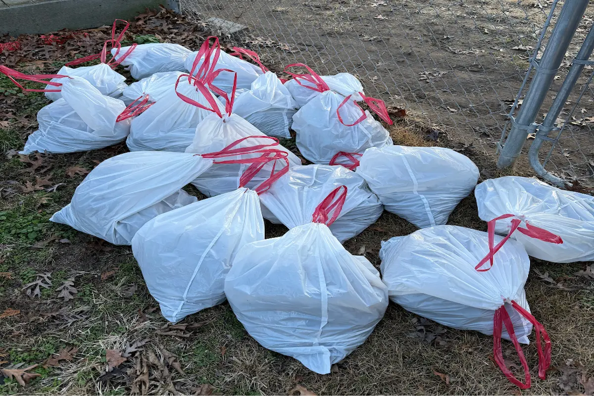 Large group of tied collection bags after a major Waggin Waste yard cleanup
