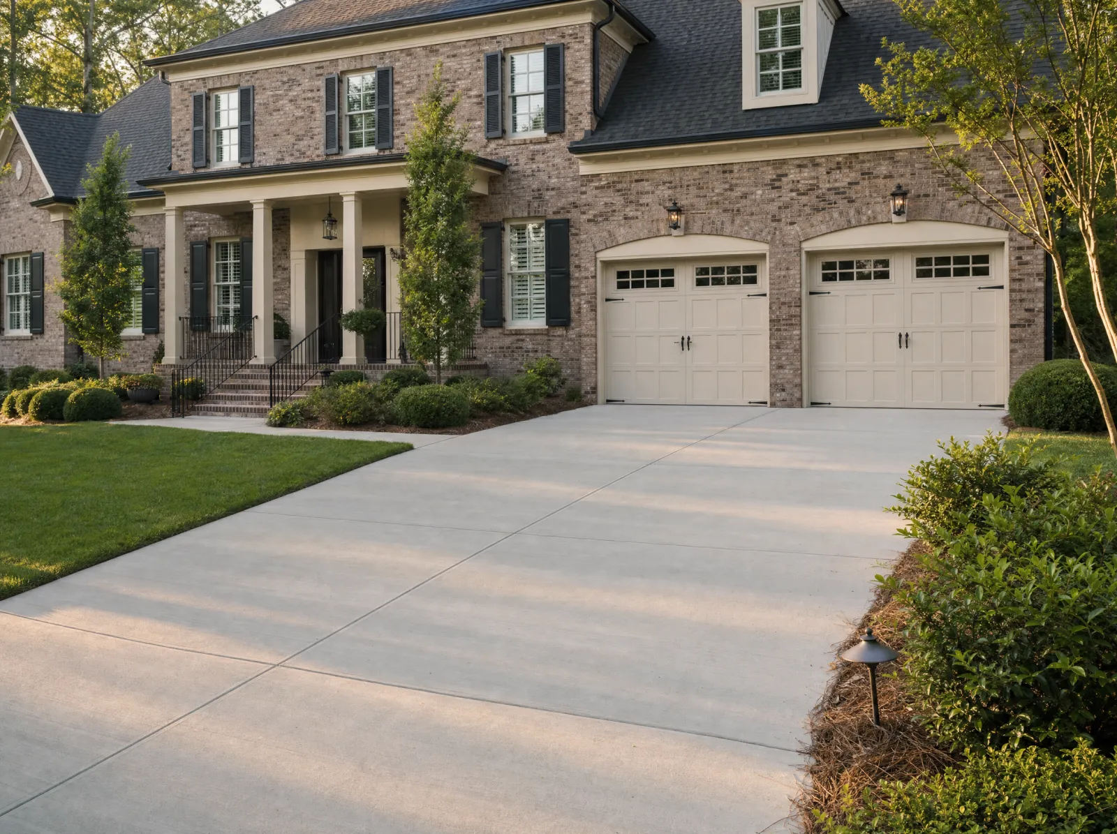 Design concept: Two-car broom-finish concrete driveway, straight sawn joints, brick colonial house behind, morning light.