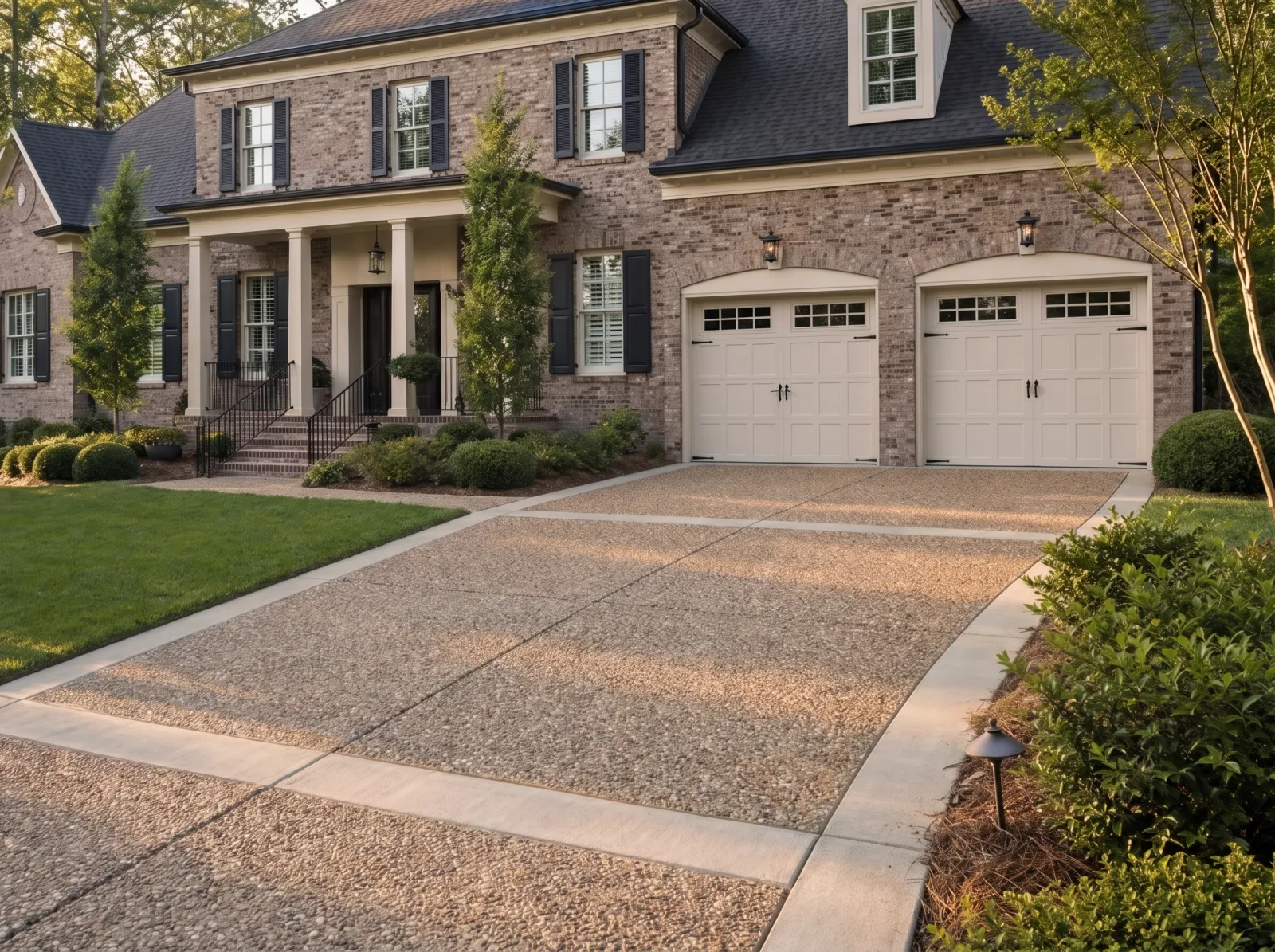 Design concept: Exposed-aggregate driveway, pea-gravel wash, smooth border bands, craftsman house behind.