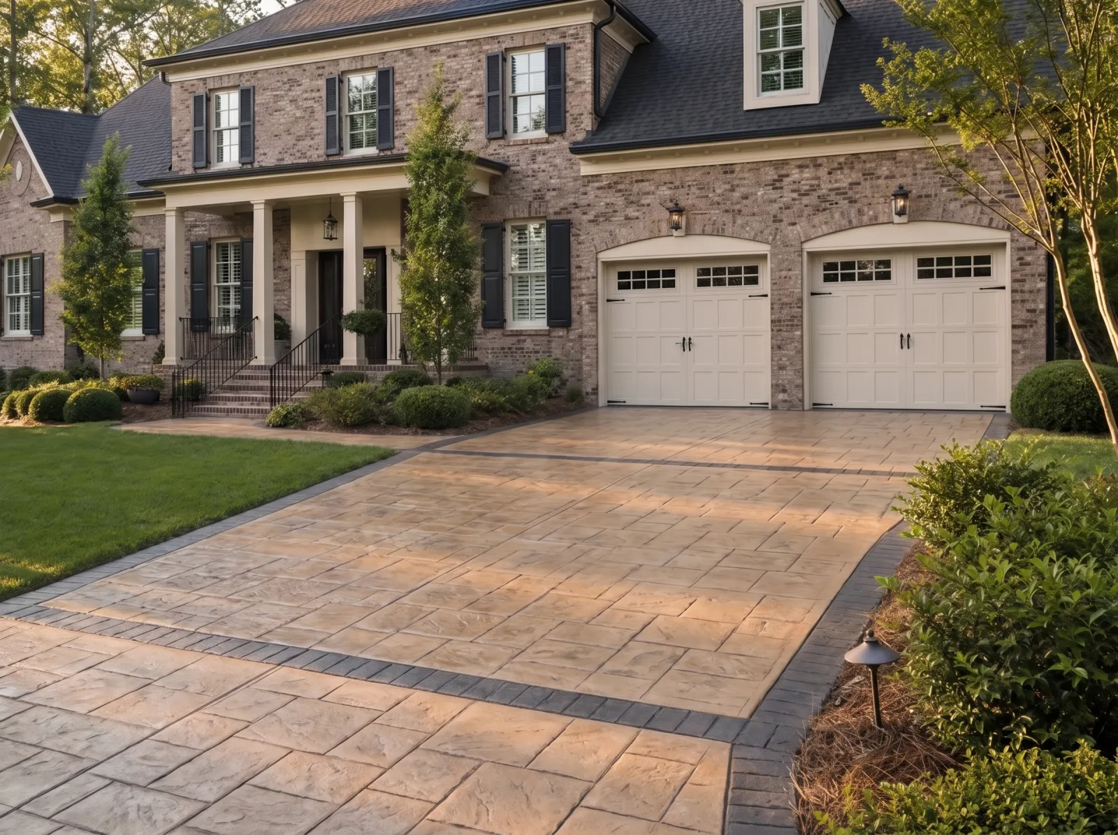 Design concept: Stamped ashlar-slate driveway with a charcoal soldier border, sealed, stone-front house behind.