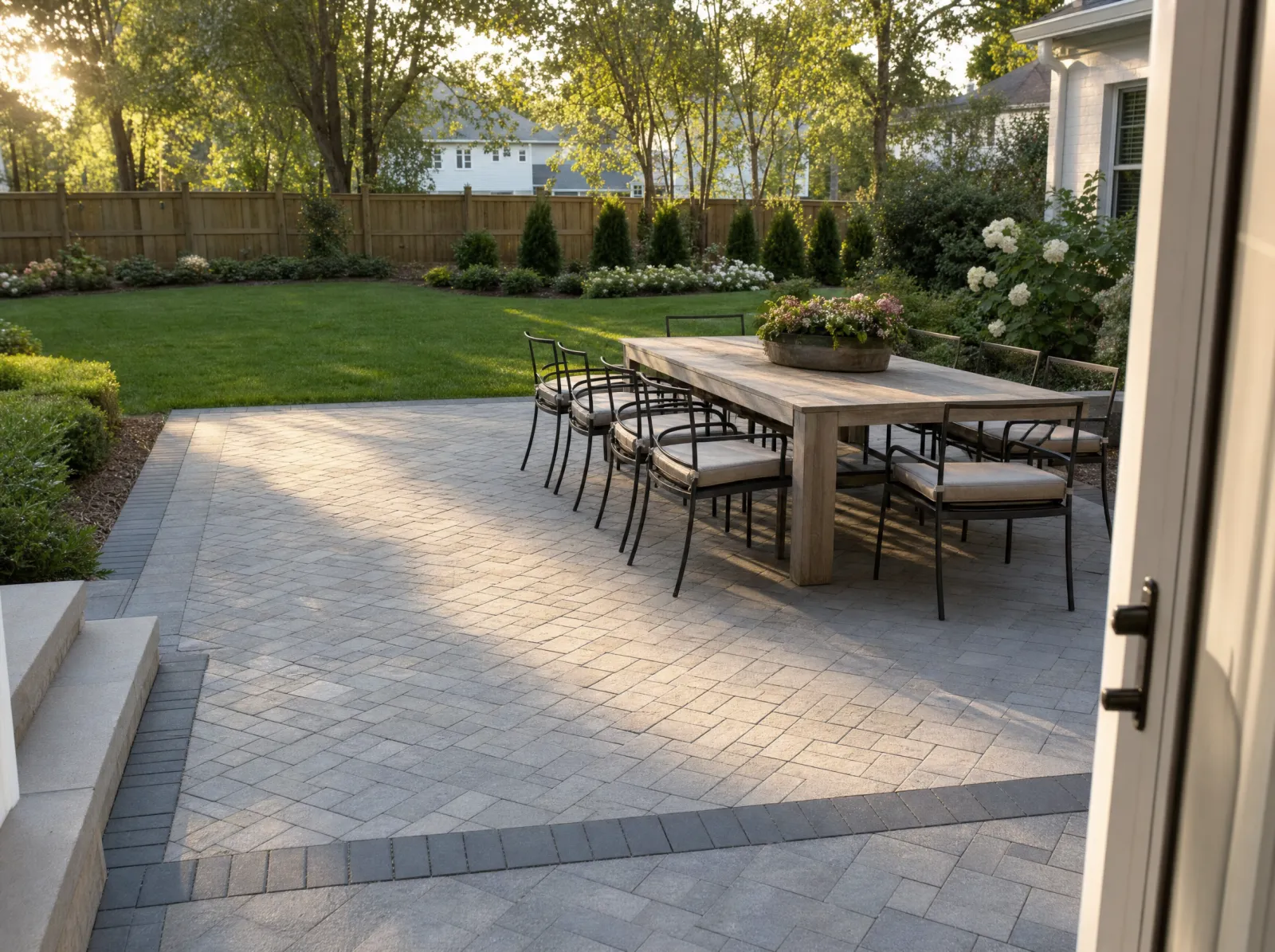 Design concept: Herringbone concrete-paver patio with a soldier-course border, dining table, lawn and fence beyond, late afternoon.