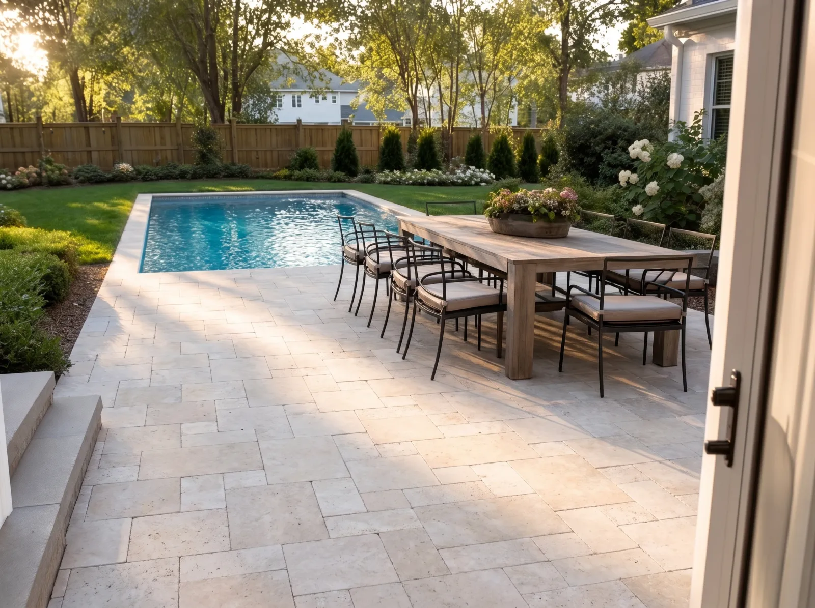 Design concept: Ivory travertine patio in French pattern around a pool, bullnose coping, water and sky, midday.