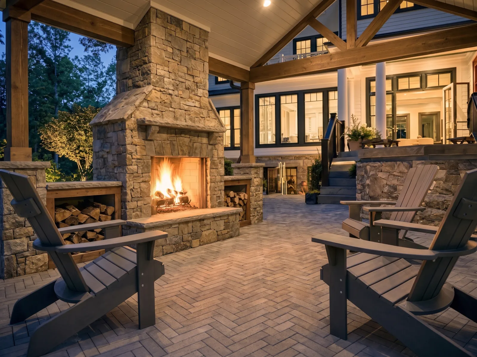 Design concept: Outdoor stone fireplace with a raised hearth and wood boxes, fire burning, covered patio ceiling above, night.