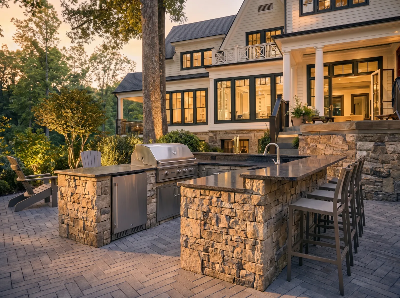 Design concept: L-shaped outdoor kitchen island in natural stone veneer with granite top, built-in grill, fridge and bar seating, golden hour.