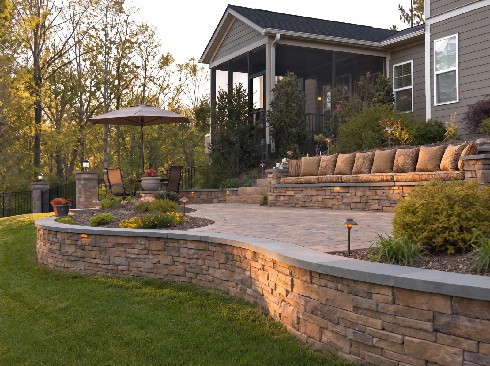 Design concept: Curved 18-inch seat wall in stone veneer with a bluestone cap wrapping a paver patio, cushions on it, evening.