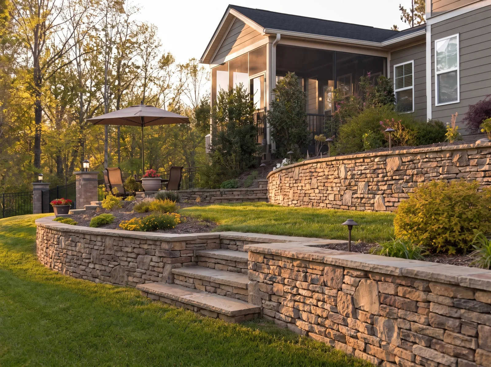 Design concept: Dry-stacked natural fieldstone terrace wall along a driveway, battered face, flat-stone cap, mature trees.