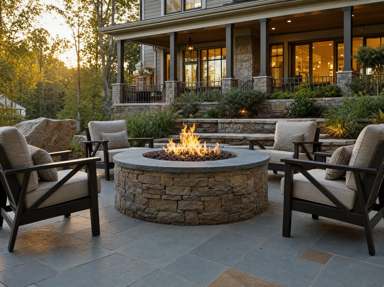 Design concept: Round stone fire pit lit at dusk, seating around it, patio visible.