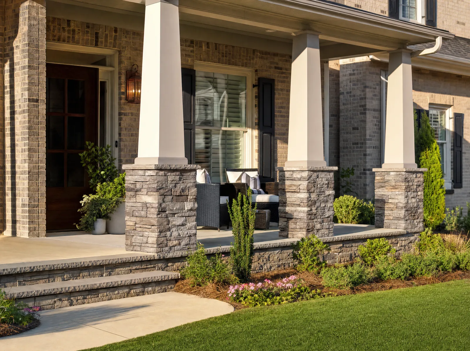 Design concept: House foundation and porch columns after stone veneer, before-and-after if possible.