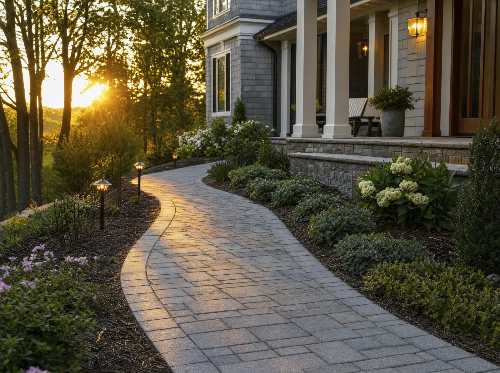 Design concept: Front walkway in pavers curving to the porch, landscaping either side.